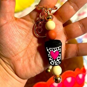 Coffee love key chain gold tone soft beads
